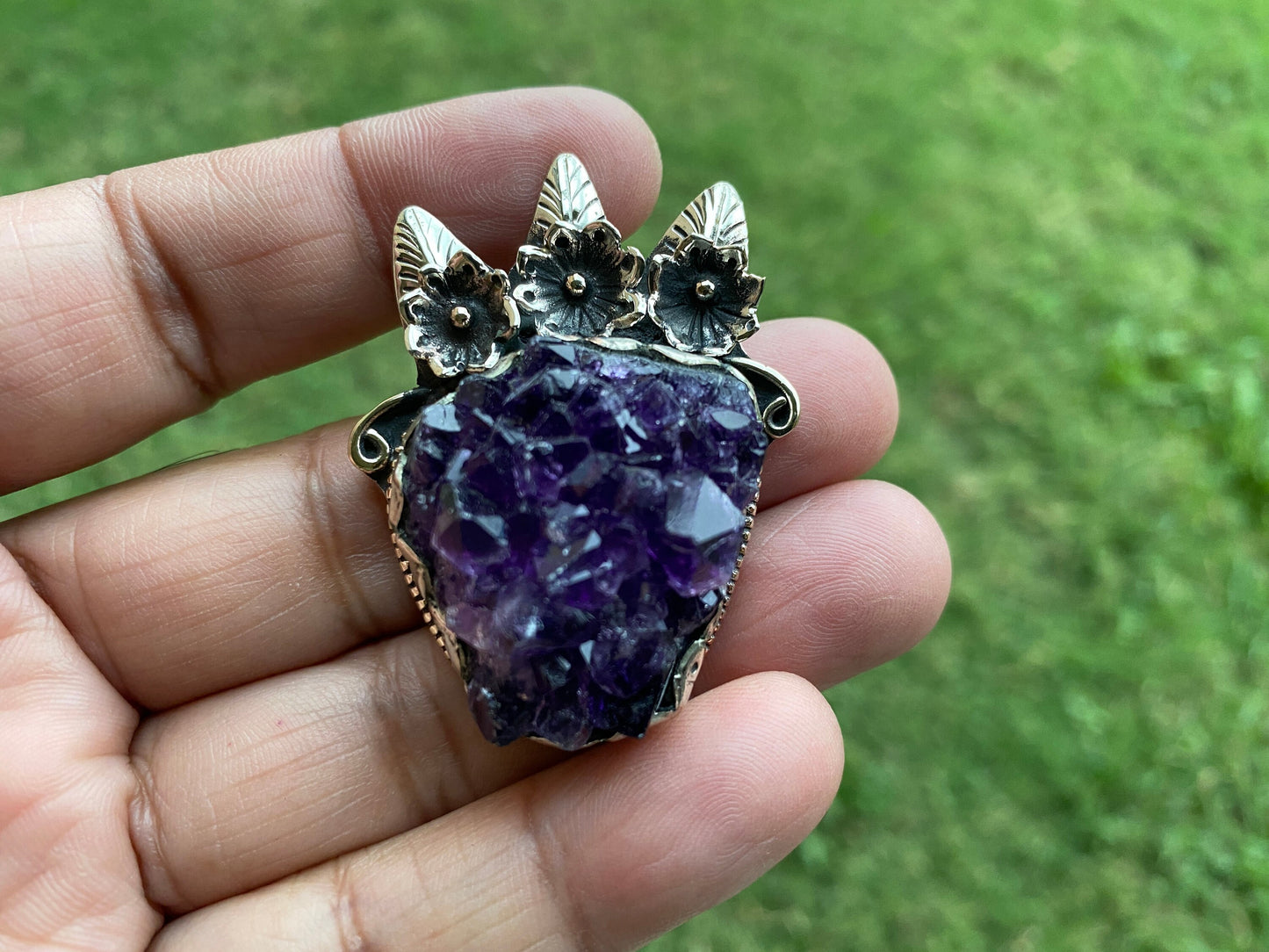 Raw Amethyst Druzy Natural Stone Tibetan Silver Pendant, Healing Pendant, Hill Tribe Women's Jewelry, Birthstone Pendant, Pendant Necklace