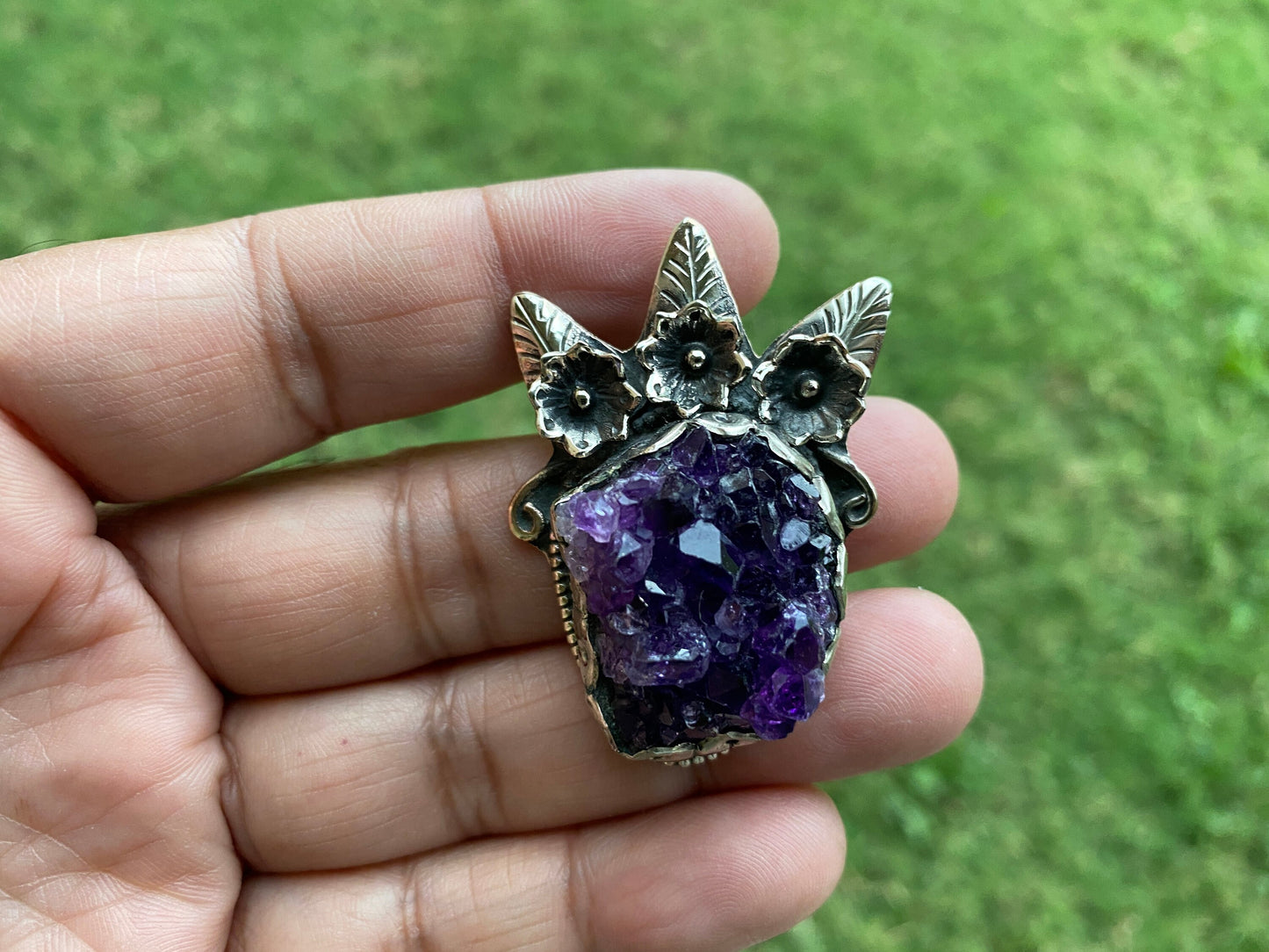 Raw Amethyst Druzy Natural Stone Tibetan Silver Pendant, Healing Pendant, Hill Tribe Women's Jewelry, Birthstone Pendant, Pendant Necklace
