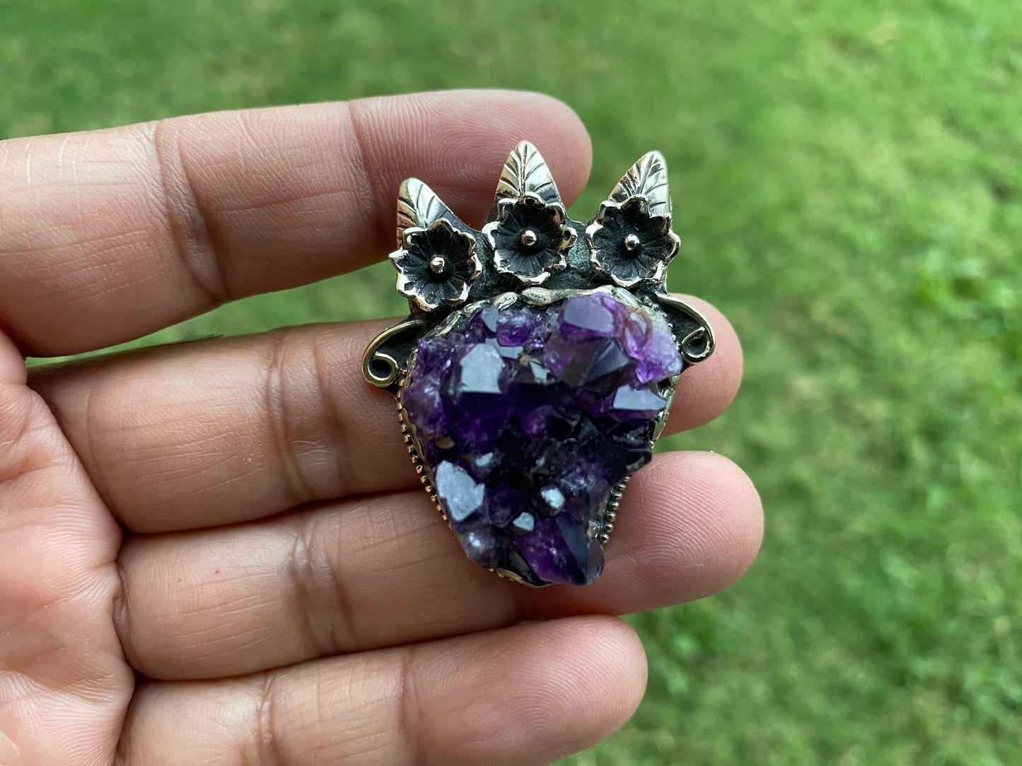 Raw Amethyst Druzy Natural Stone Tibetan Silver Pendant, Healing Pendant, Hill Tribe Women's Jewelry, Birthstone Pendant, Pendant Necklace