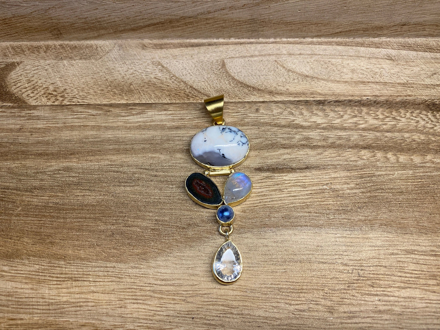 14K Matte Gold Overlay Pendant, Faceted White Topaz, Pearl, Geode, Moonstone with Jasper Gemstone, Birthstone Natural Stone, Wholesale Price