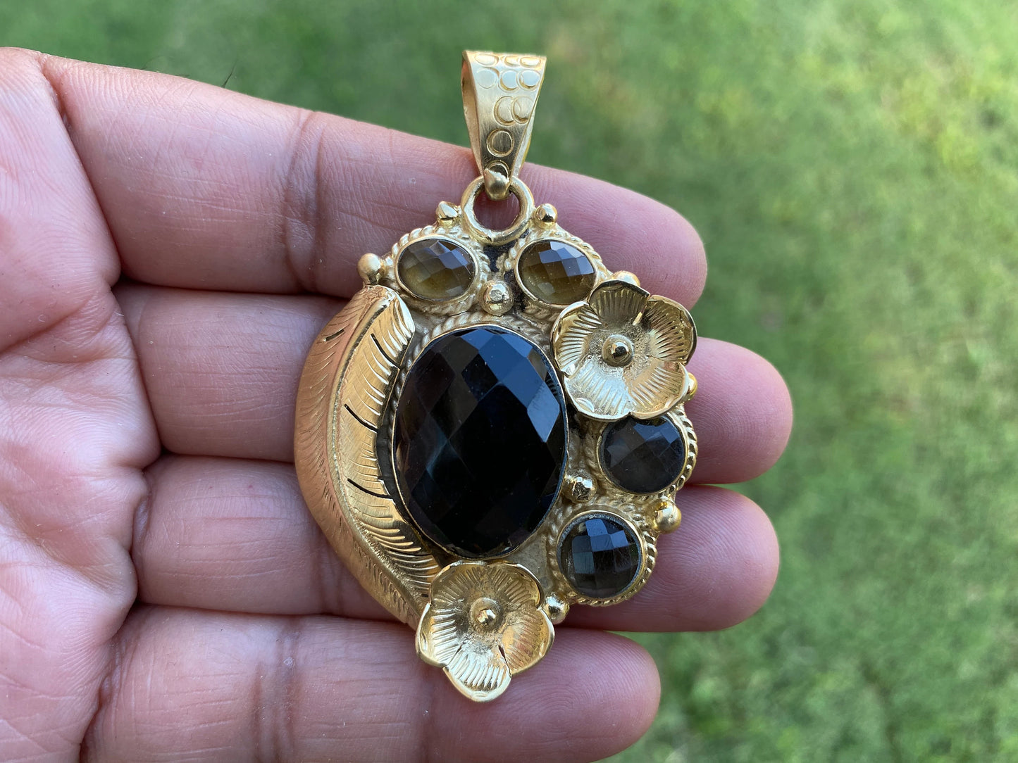 Smoky Topaz Gemstone Pendant, 14k Brushed Gold Overlay, Natural Stone Pendant,Necklace Pendant,Birthstone Pendant, Ethnic Jewelry from Nepal