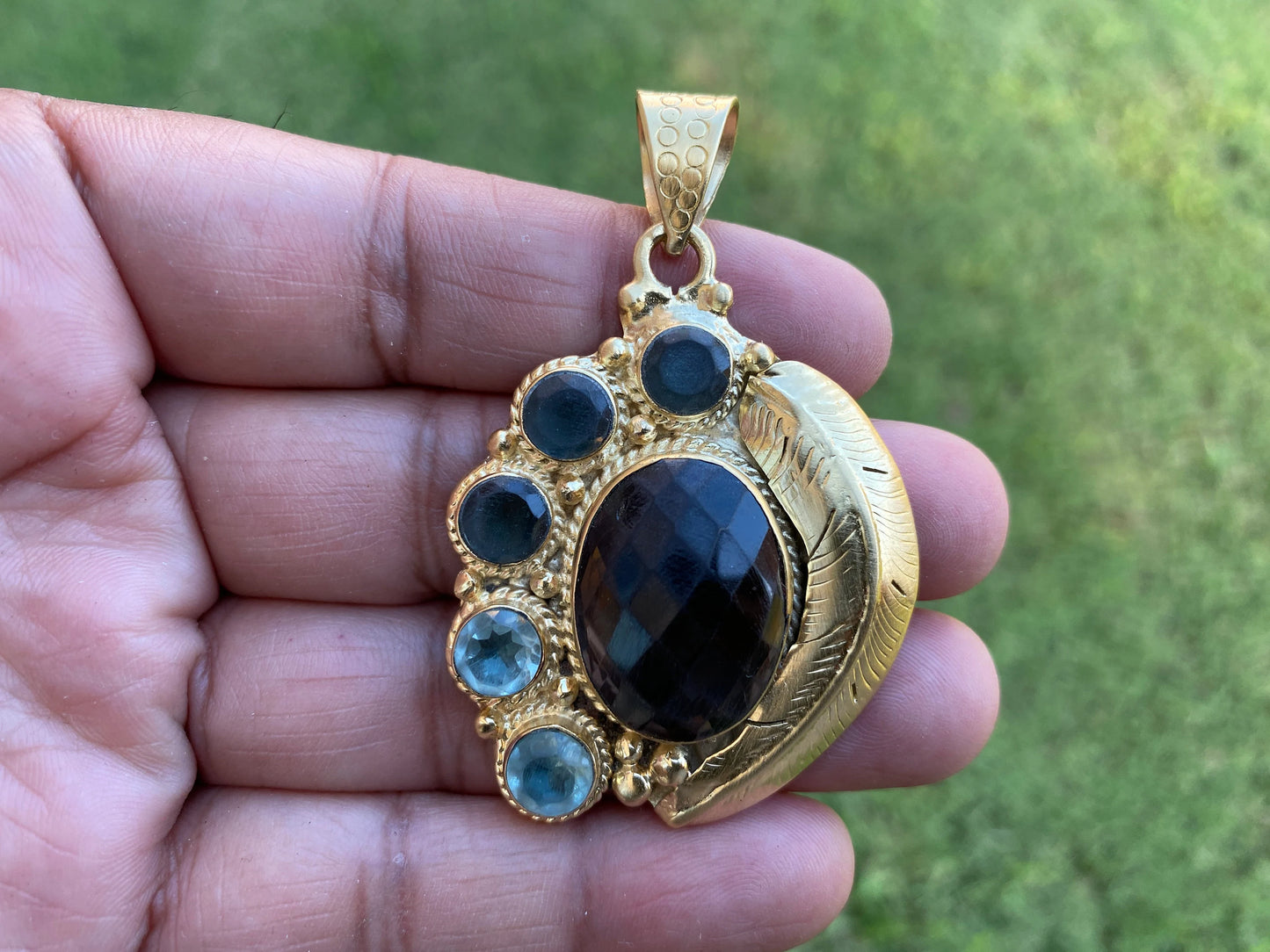 Smoky Topaz Gemstone Pendant, 14k Brushed Gold Overlay, Natural Stone Pendant,Necklace Pendant,Birthstone Pendant, Ethnic Jewelry from Nepal