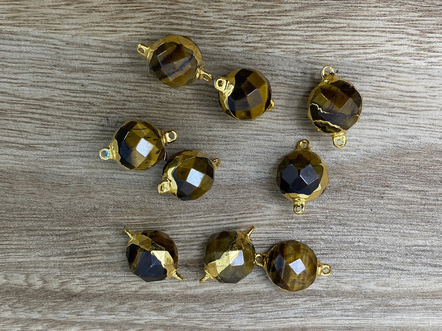 14mm Faceted Tiger Eye Bead, Two sided Bail, Gold Electroplated, Guru/Mala/Center Bead, Bracelet Charm, Bead for Chain Necklace or Earring