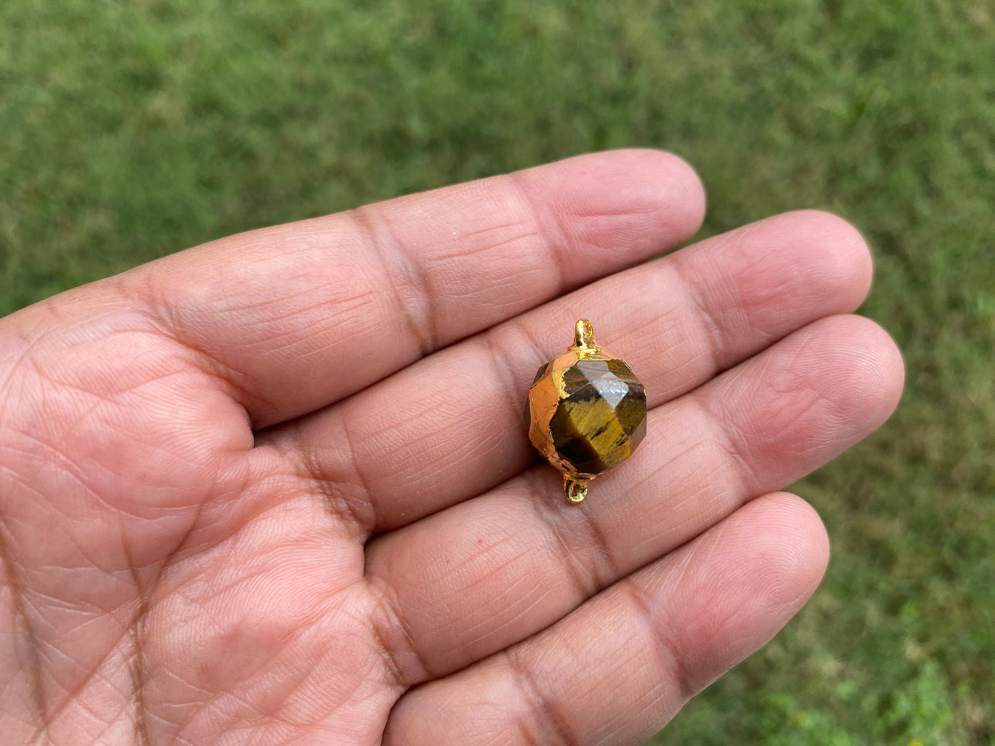 14mm Faceted Tiger Eye Bead, Two sided Bail, Gold Electroplated, Guru/Mala/Center Bead, Bracelet Charm, Bead for Chain Necklace or Earring