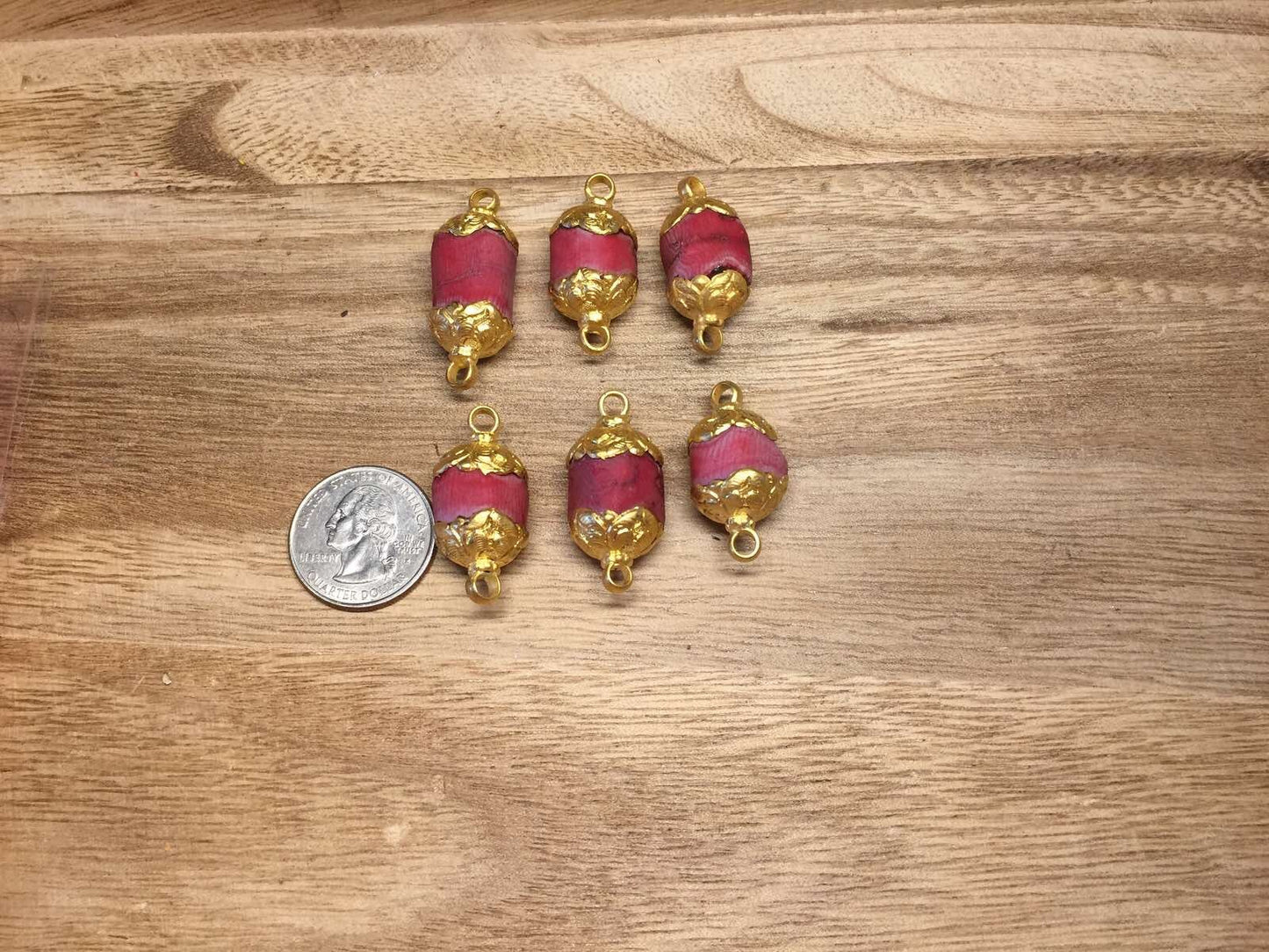 14mm Red Coral Nepal Connector Beads, Matte Gold overlay, Himalayan Ethnic Tribe Boho Jewelry, Beads for Necklace, Jewelry making Supplies