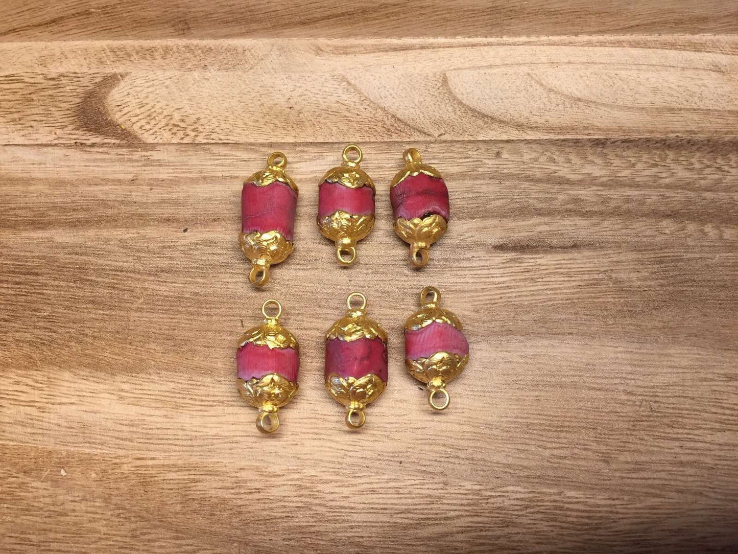 14mm Red Coral Nepal Connector Beads, Matte Gold overlay, Himalayan Ethnic Tribe Boho Jewelry, Beads for Necklace, Jewelry making Supplies