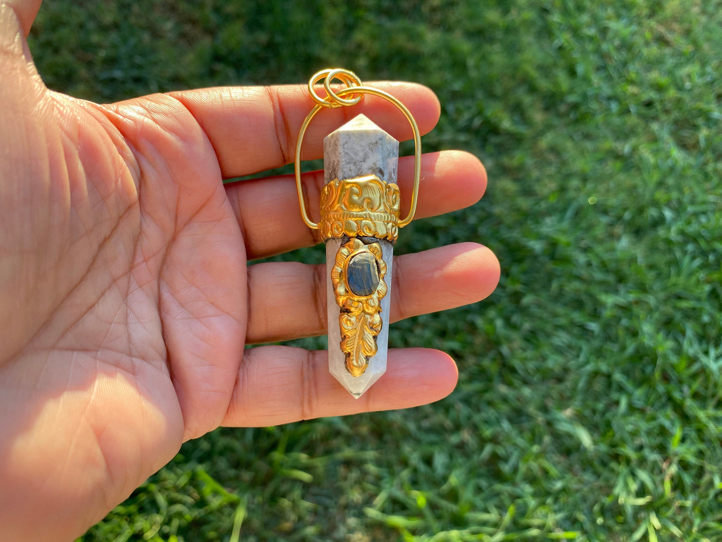 Pointed Natural Moonstone with Labradorite Gemstone, 18K Brushed Gold Overlay Pendant, Rainbow Moonstone Point Pendant, Healing Crystal
