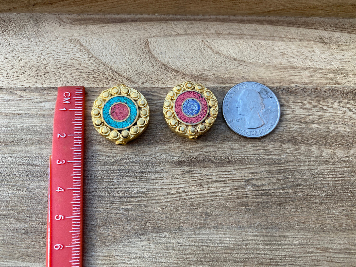 Himalayan Handmade Beads, 18K Brushed Gold Overlay over Brass with Anti Tarnish Bead, Coral with Turquoise or Lapis Inlay Bead for Necklace