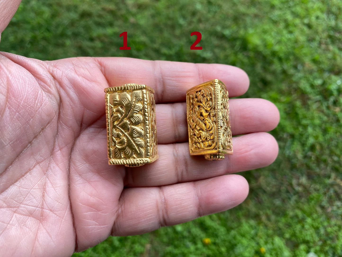 18k Brushed Non Tarnish Gold Overlay Hand Carved Nepal Beads, Ornate Design, Focal Bead, Guru Beads, Beads for Necklace or Bracelet,