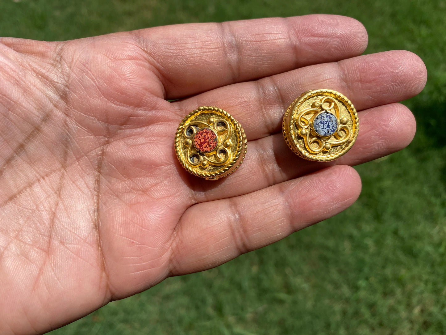 20mm Tibetan Bead, High Quality Brushed Gold Overlay Over Brass Bead with Anti Tarnish, Coral or Lapis Inlay Beads for Necklace or Bracelet