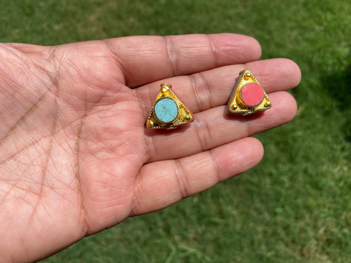 20mm Triangular Shape Nepal Beads, 18K Brushed Gold Overlay Over Brass Bead, Turquoise with Coral inlay Bead, Tibetan Handcrafted Bead, Boho