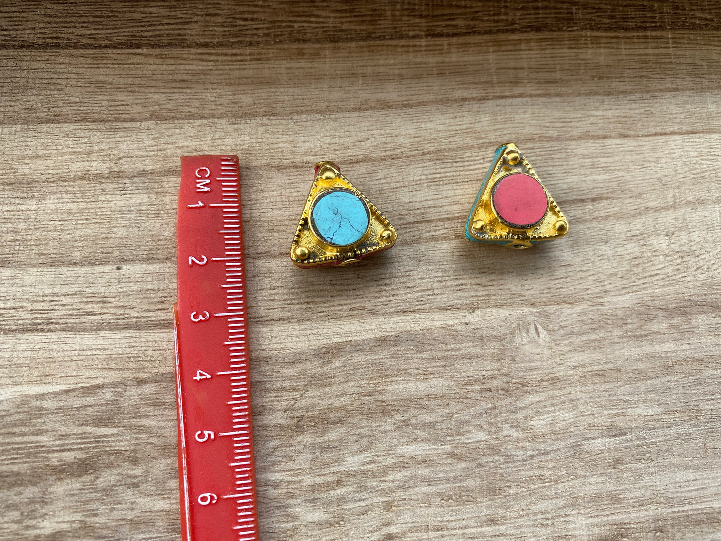 20mm Triangular Shape Nepal Beads, 18K Brushed Gold Overlay Over Brass Bead, Turquoise with Coral inlay Bead, Tibetan Handcrafted Bead, Boho