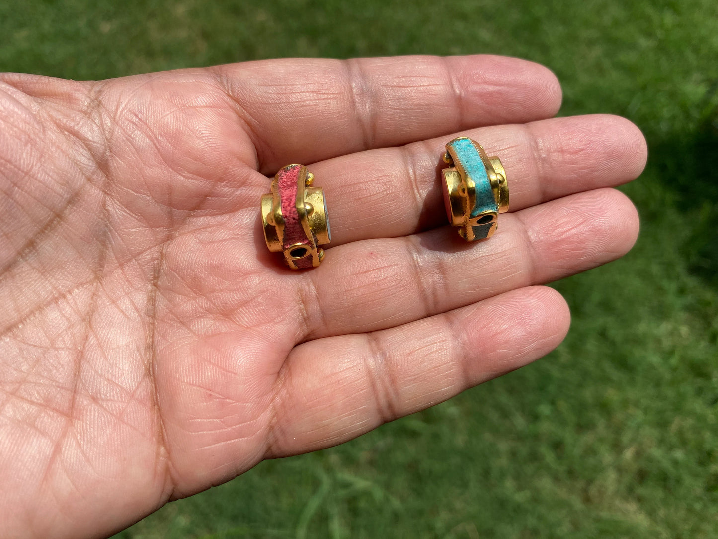 20mm Triangular Shape Nepal Beads, 18K Brushed Gold Overlay Over Brass Bead, Turquoise with Coral inlay Bead, Tibetan Handcrafted Bead, Boho