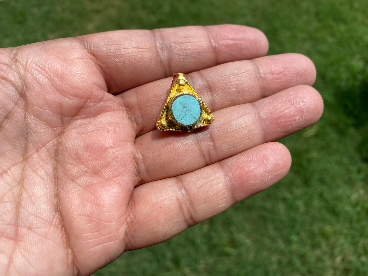 20mm Triangular Shape Nepal Beads, 18K Brushed Gold Overlay Over Brass Bead, Turquoise with Coral inlay Bead, Tibetan Handcrafted Bead, Boho