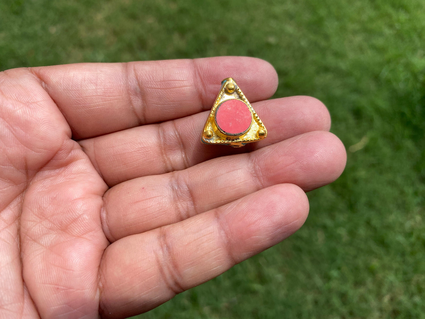 20mm Triangular Shape Nepal Beads, 18K Brushed Gold Overlay Over Brass Bead, Turquoise with Coral inlay Bead, Tibetan Handcrafted Bead, Boho
