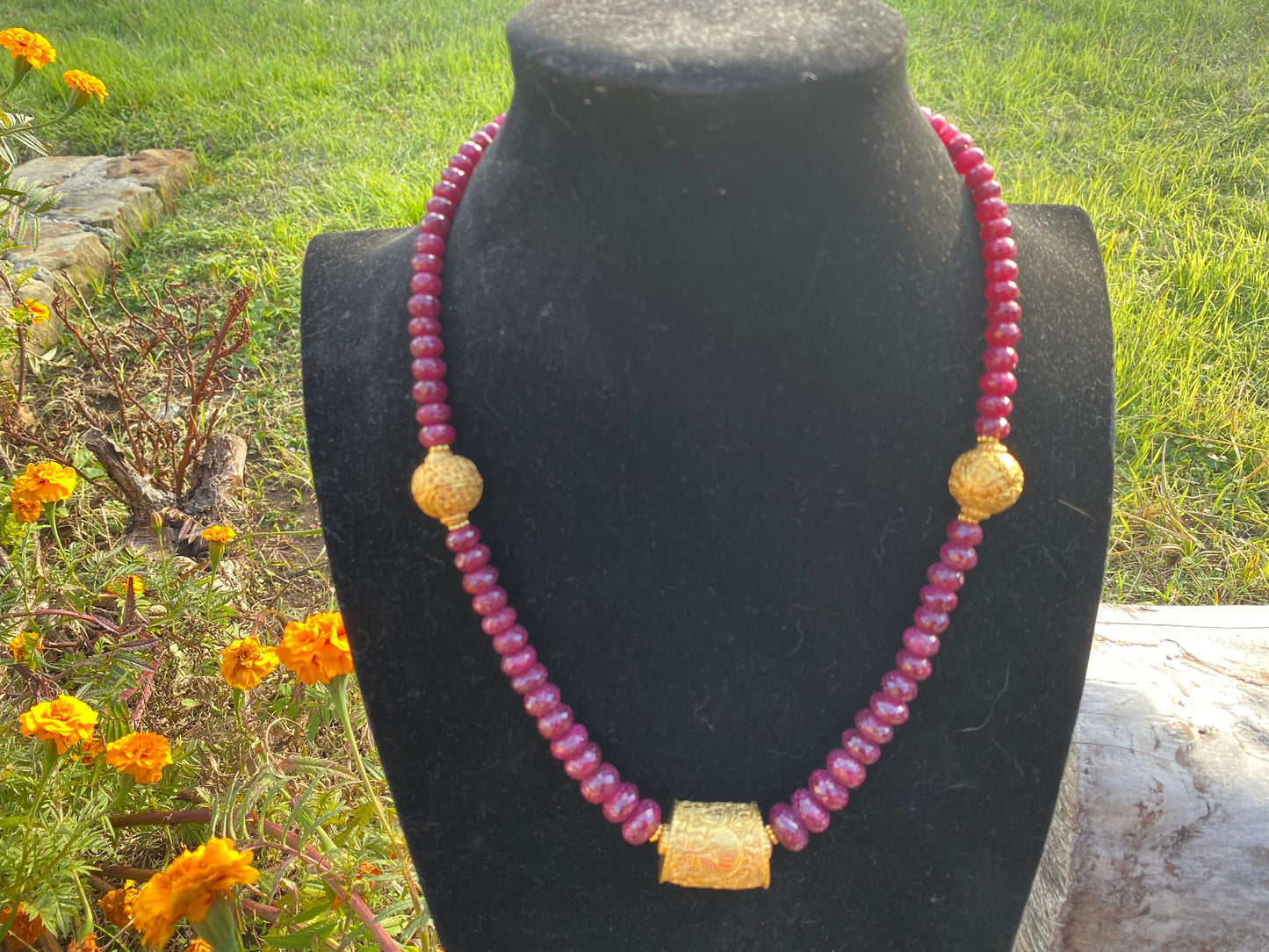22" Premium Ruby Precious Gemstone Necklace with Himalayan Handcrafted 18K Brushed Gold Overlay Focal Beads, Faceted Rondell Beaded Necklace