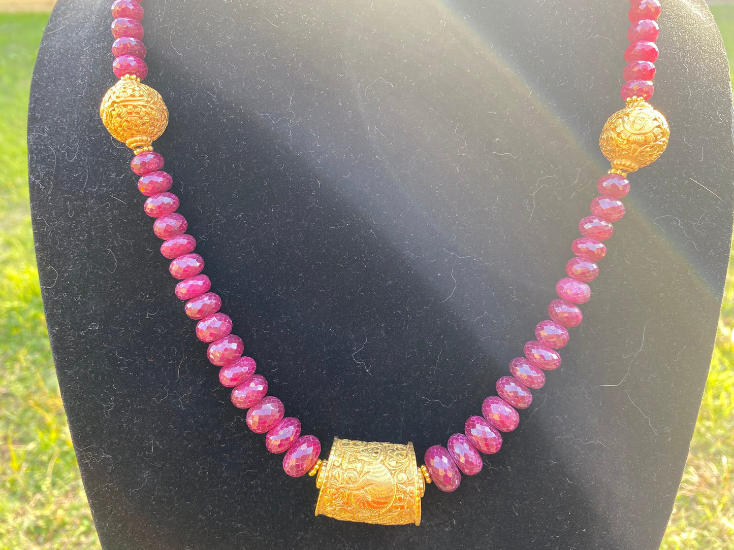 22" Premium Ruby Precious Gemstone Necklace with Himalayan Handcrafted 18K Brushed Gold Overlay Focal Beads, Faceted Rondell Beaded Necklace