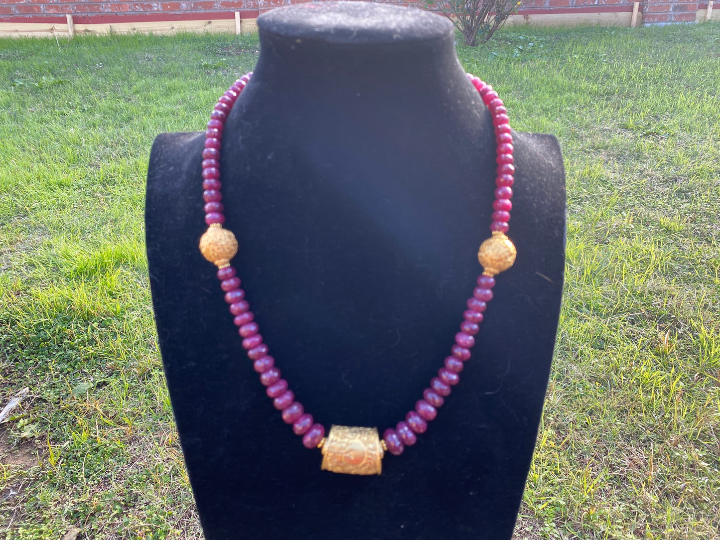 22" Premium Ruby Precious Gemstone Necklace with Himalayan Handcrafted 18K Brushed Gold Overlay Focal Beads, Faceted Rondell Beaded Necklace
