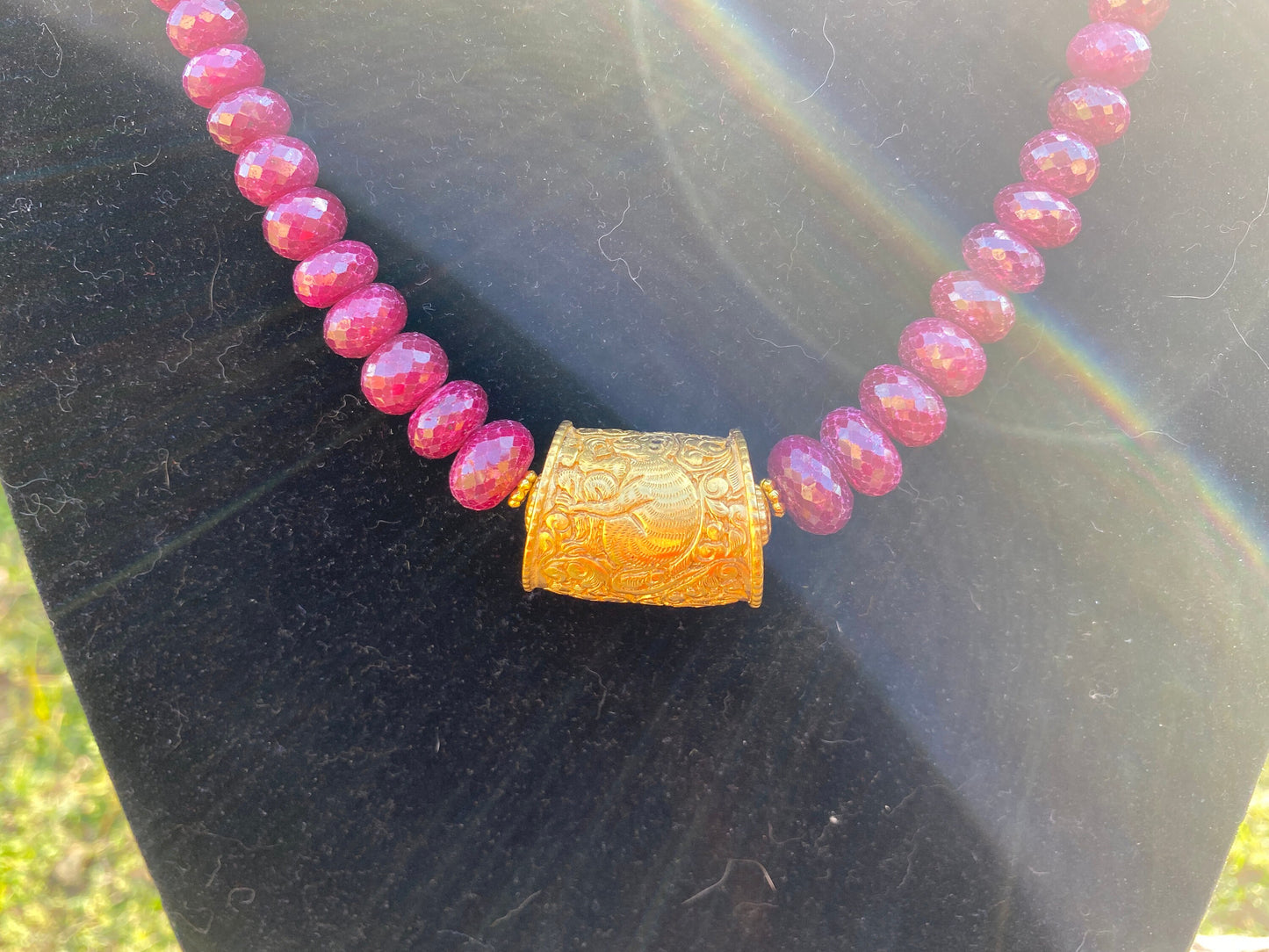 22" Premium Ruby Precious Gemstone Necklace with Himalayan Handcrafted 18K Brushed Gold Overlay Focal Beads, Faceted Rondell Beaded Necklace
