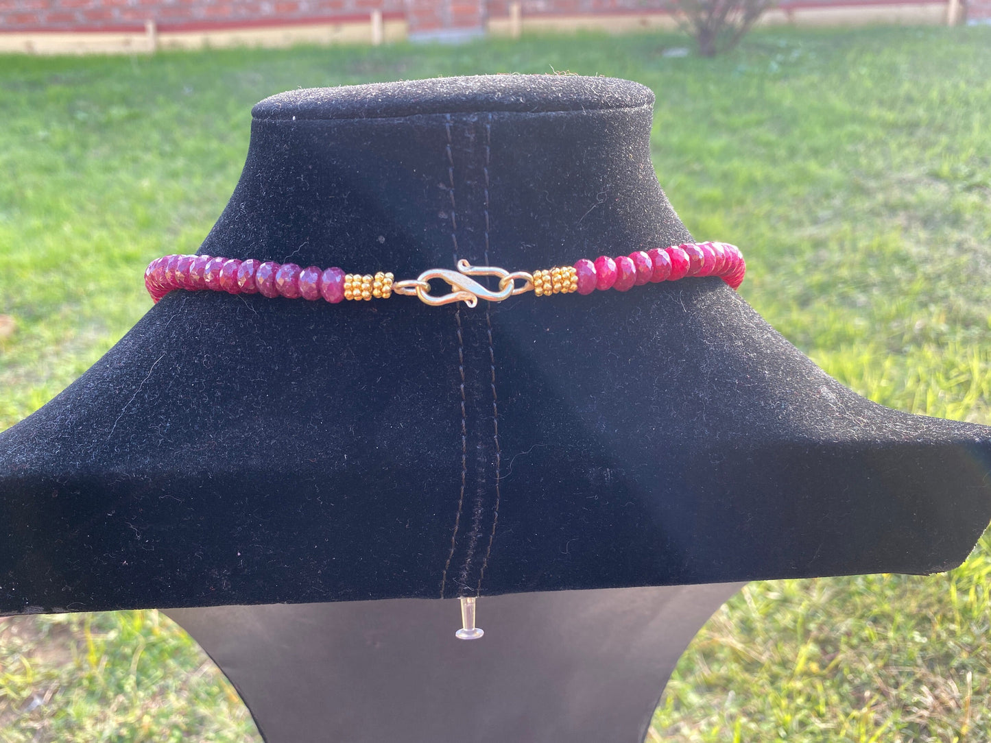 22" Premium Ruby Precious Gemstone Necklace with Himalayan Handcrafted 18K Brushed Gold Overlay Focal Beads, Faceted Rondell Beaded Necklace