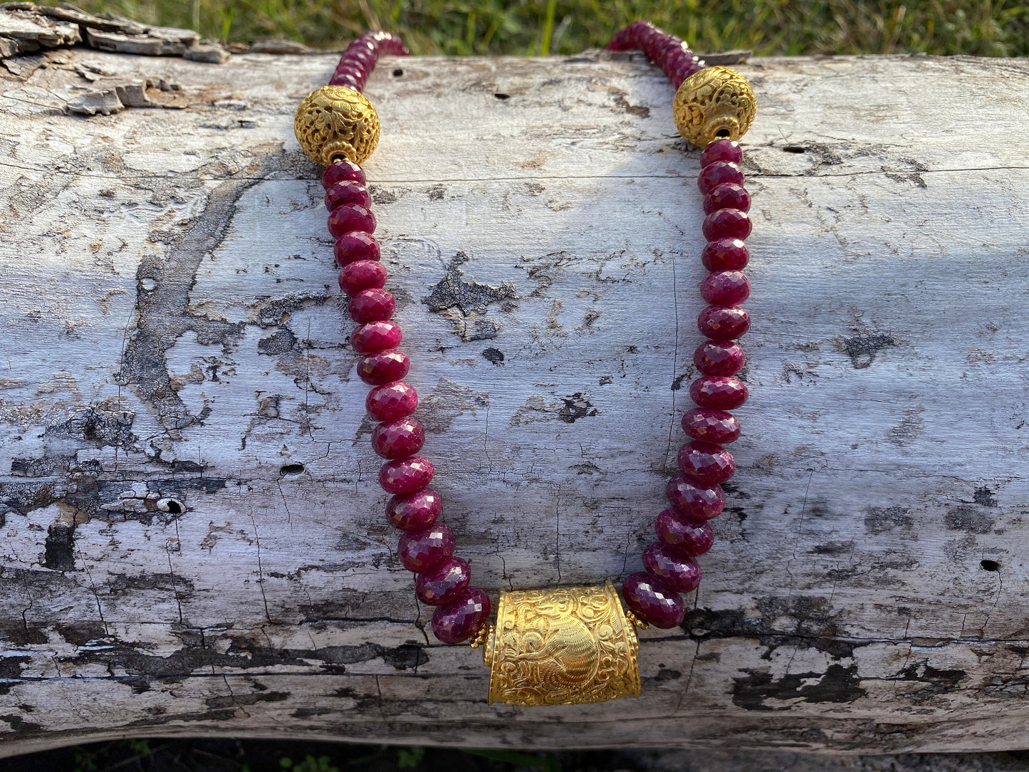 22" Premium Ruby Precious Gemstone Necklace with Himalayan Handcrafted 18K Brushed Gold Overlay Focal Beads, Faceted Rondell Beaded Necklace