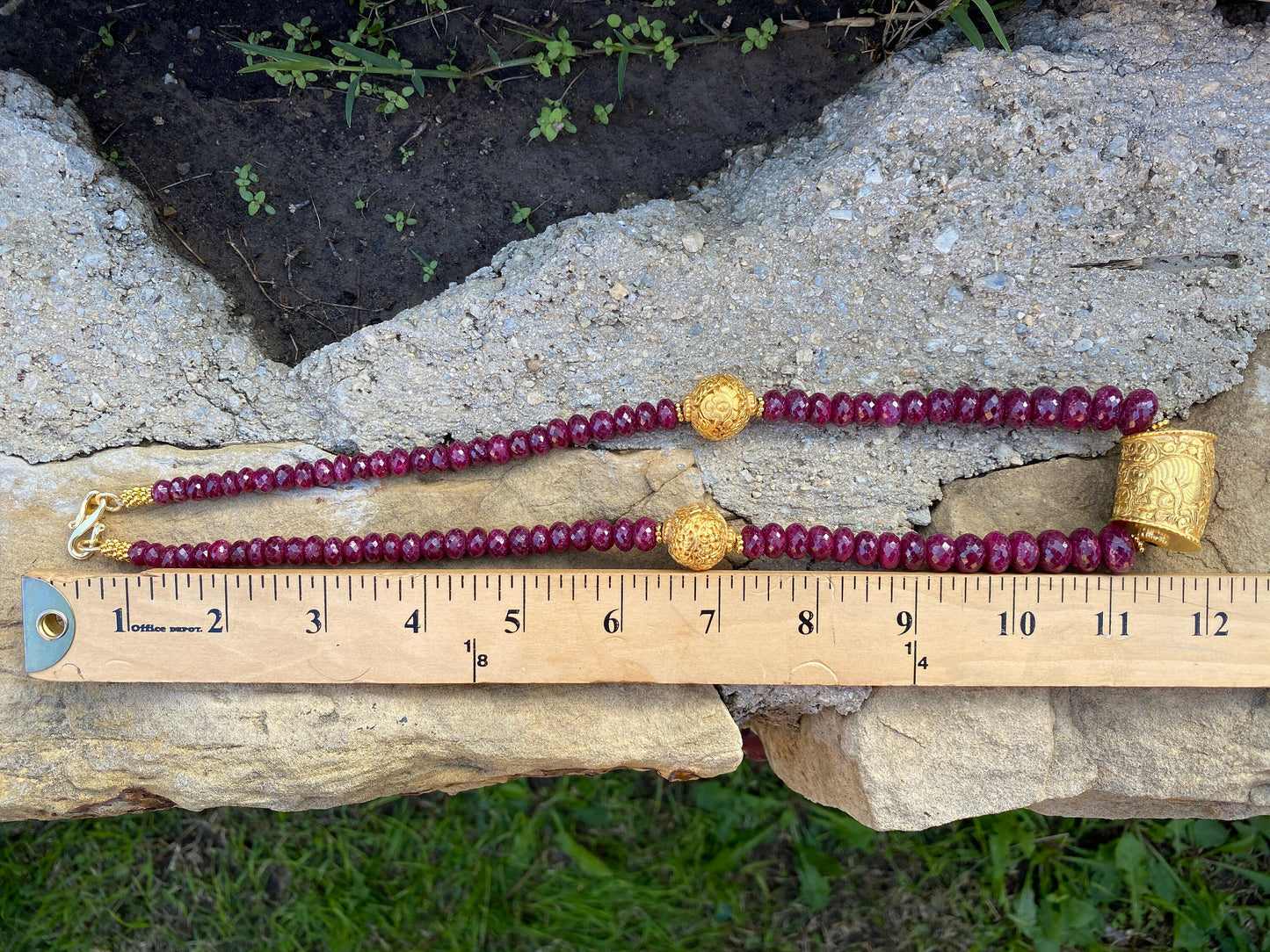 22" Premium Ruby Precious Gemstone Necklace with Himalayan Handcrafted 18K Brushed Gold Overlay Focal Beads, Faceted Rondell Beaded Necklace