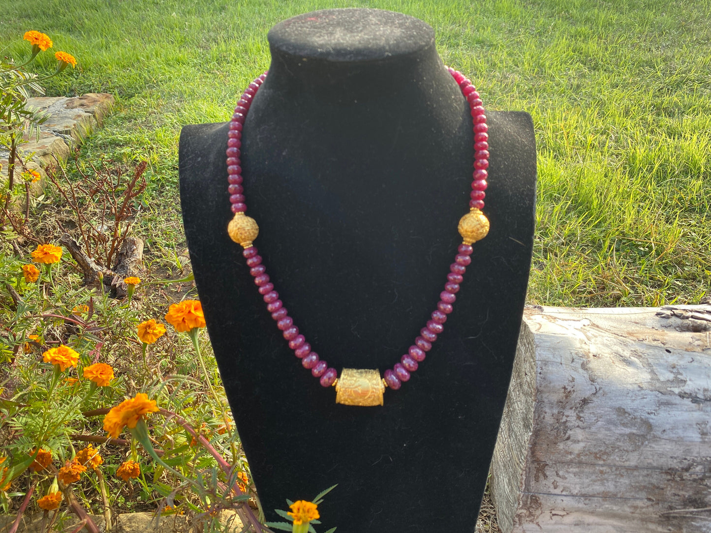 22" Premium Ruby Precious Gemstone Necklace with Himalayan Handcrafted 18K Brushed Gold Overlay Focal Beads, Faceted Rondell Beaded Necklace