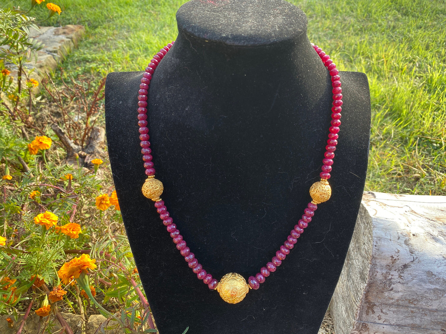24" Premium Graduated Ruby Precious Gemstone Necklace with 18k Brushed Gold Overlay Carved Focal Beads, Faceted Rondell Beaded Necklace