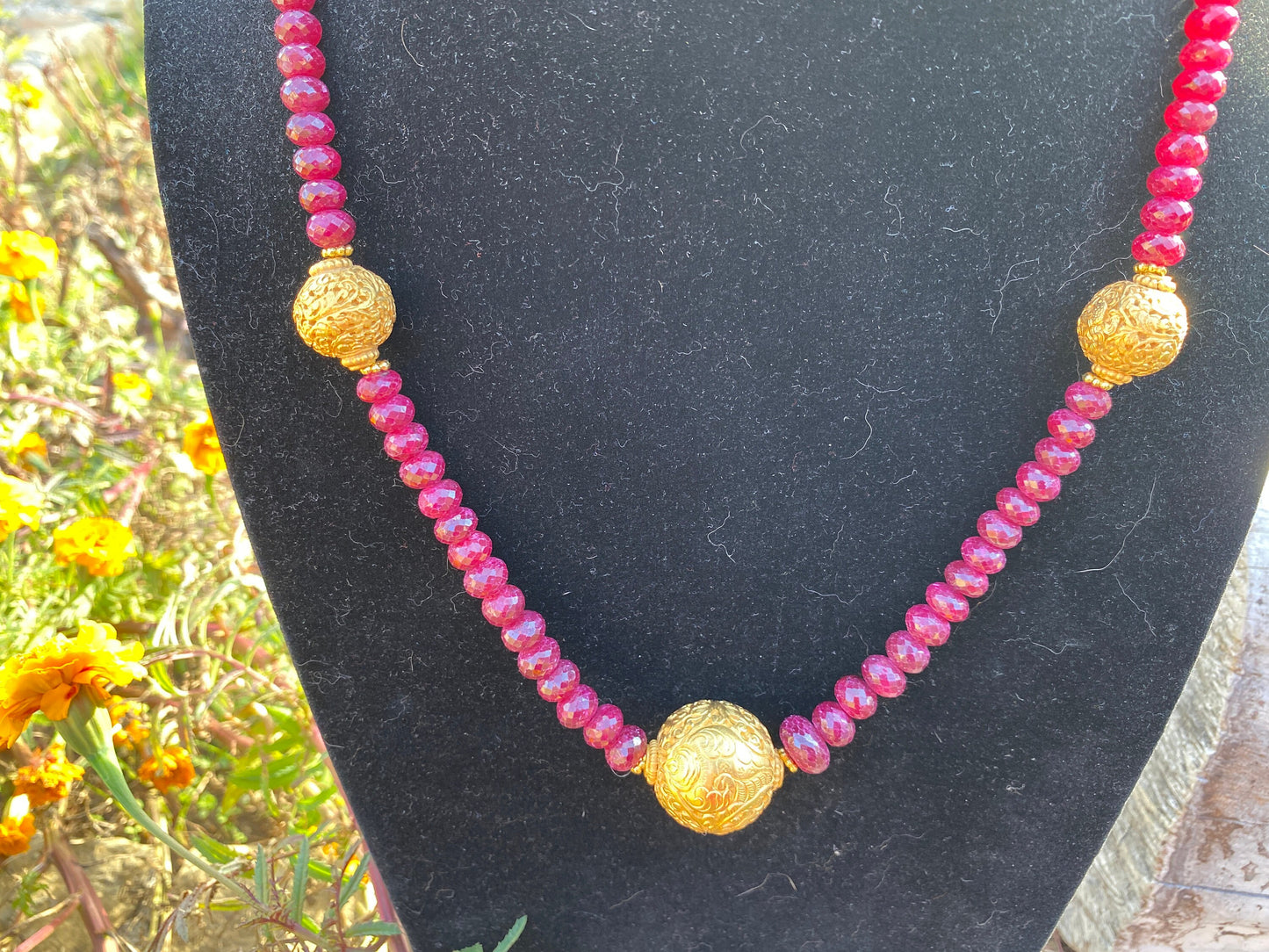 24" Premium Graduated Ruby Precious Gemstone Necklace with 18k Brushed Gold Overlay Carved Focal Beads, Faceted Rondell Beaded Necklace