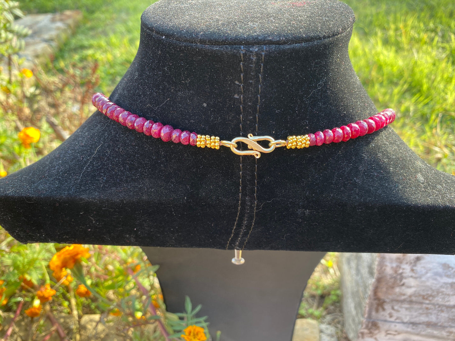 24" Premium Graduated Ruby Precious Gemstone Necklace with 18k Brushed Gold Overlay Carved Focal Beads, Faceted Rondell Beaded Necklace