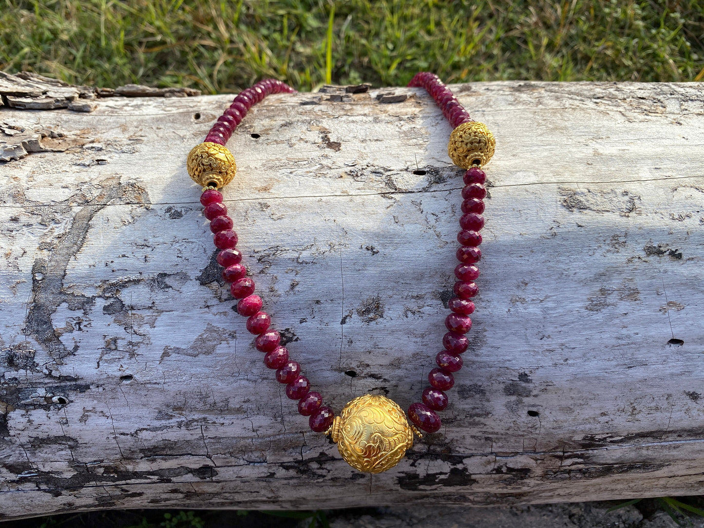 24" Premium Graduated Ruby Precious Gemstone Necklace with 18k Brushed Gold Overlay Carved Focal Beads, Faceted Rondell Beaded Necklace