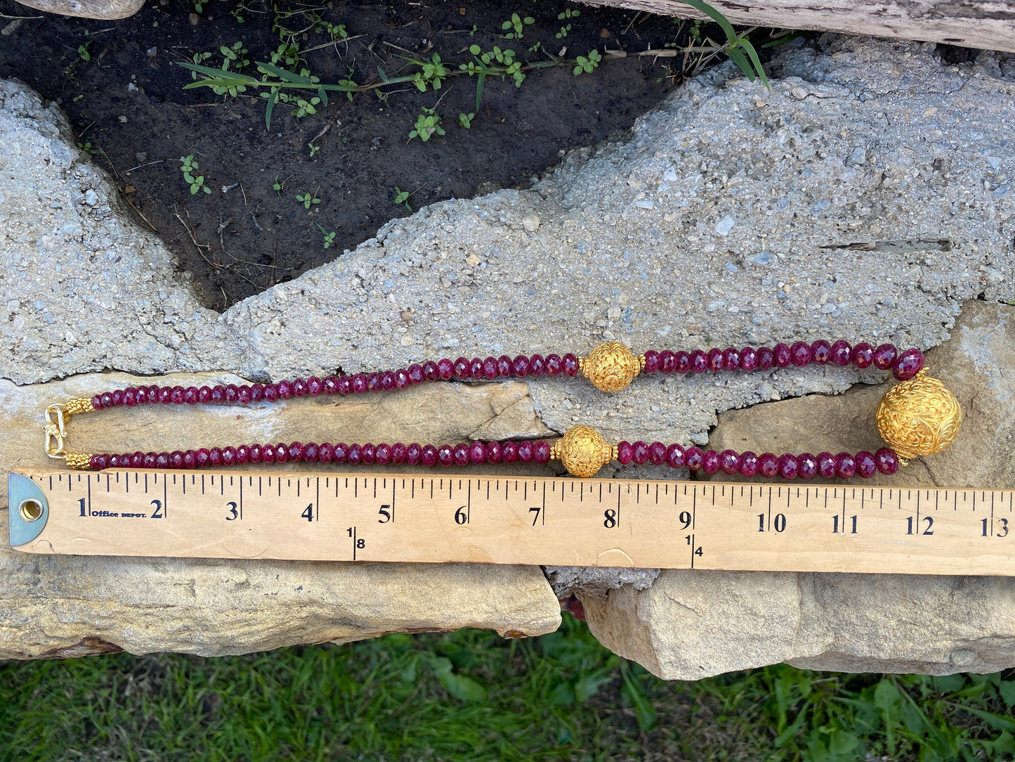 24" Premium Graduated Ruby Precious Gemstone Necklace with 18k Brushed Gold Overlay Carved Focal Beads, Faceted Rondell Beaded Necklace