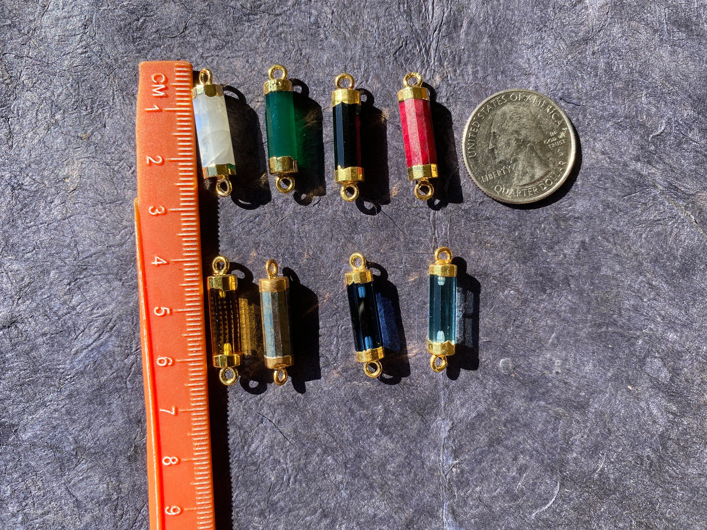 26X7 mm, Cylindrical Bar Double Bail Gemstone Connector, Faceted Gemstone, Gold Electroplated, Jewelry Making Supplies, Barrel Shape Charms