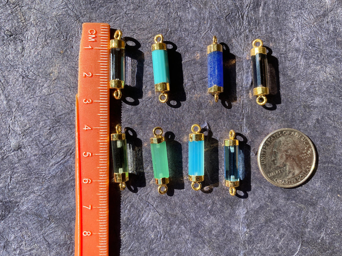 26X7 mm, Cylindrical Bar Double Bail Hydro Quartz Gemstone Connector, Faceted Gemstone, Gold Electroplated, Jewelry Making Supplies, Barrel