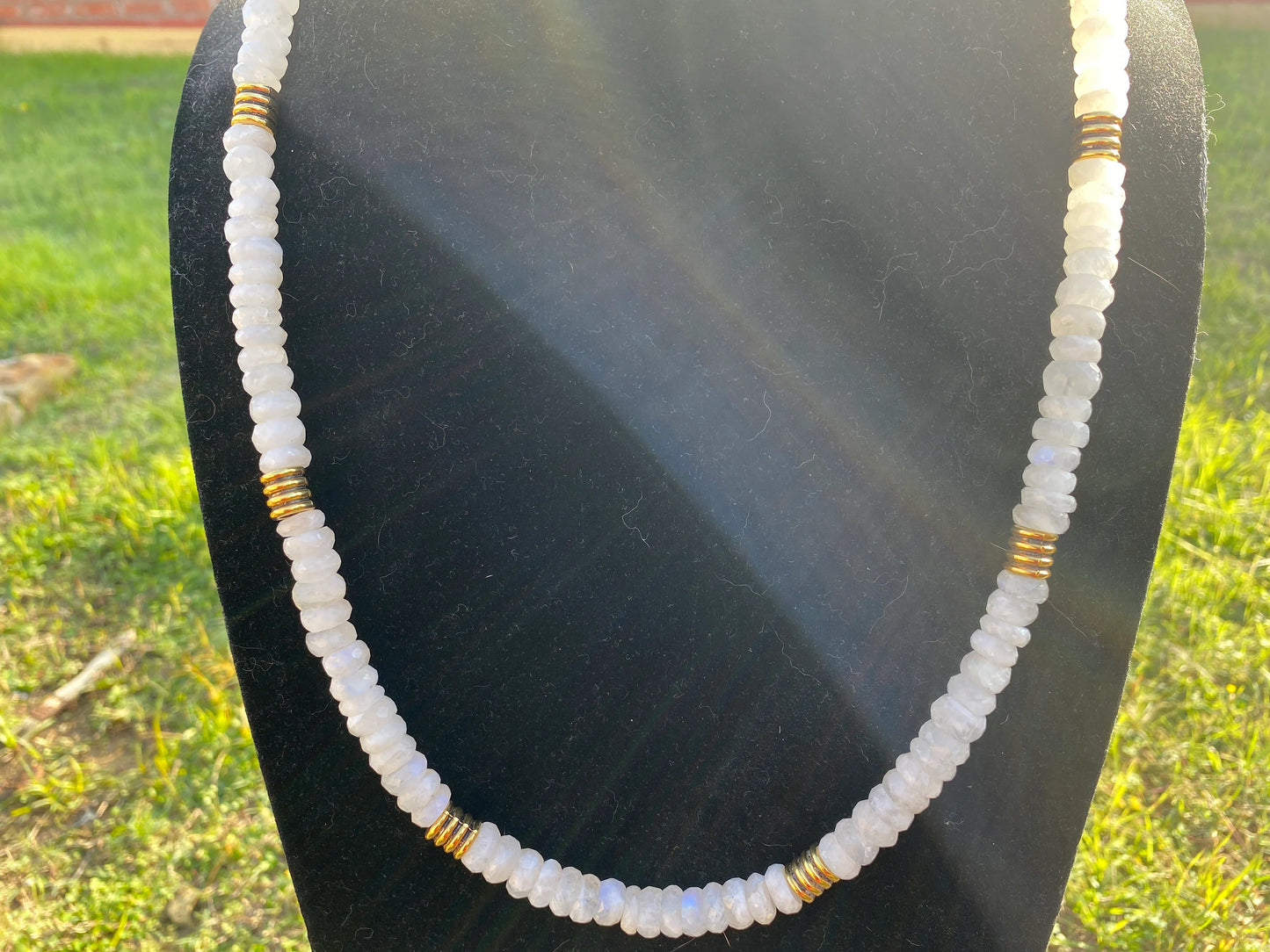 28" Long 10mm Faceted Rainbow Moonstone Beads Necklace, 18K Brushed Gold Overlay Focal Beads Necklace, Rondel White Gemstone Women necklace