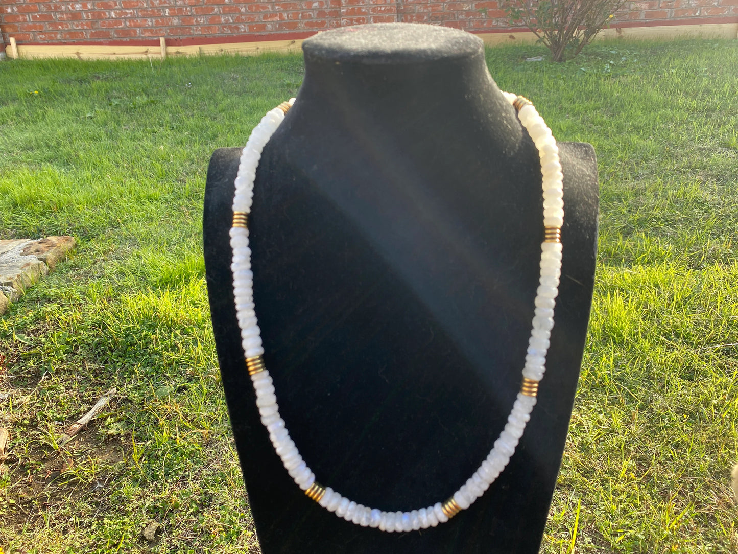 28" Long 10mm Faceted Rainbow Moonstone Beads Necklace, 18K Brushed Gold Overlay Focal Beads Necklace, Rondel White Gemstone Women necklace