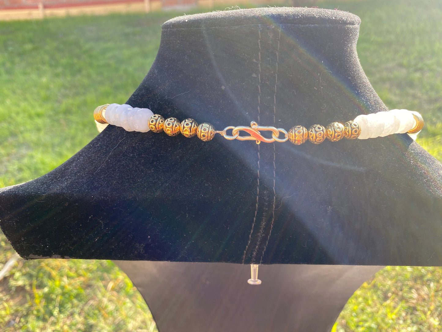 28" Long 10mm Faceted Rainbow Moonstone Beads Necklace, 18K Brushed Gold Overlay Focal Beads Necklace, Rondel White Gemstone Women necklace