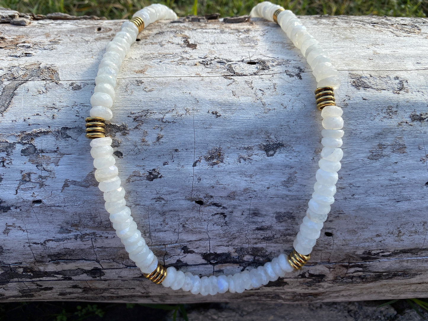 28" Long 10mm Faceted Rainbow Moonstone Beads Necklace, 18K Brushed Gold Overlay Focal Beads Necklace, Rondel White Gemstone Women necklace