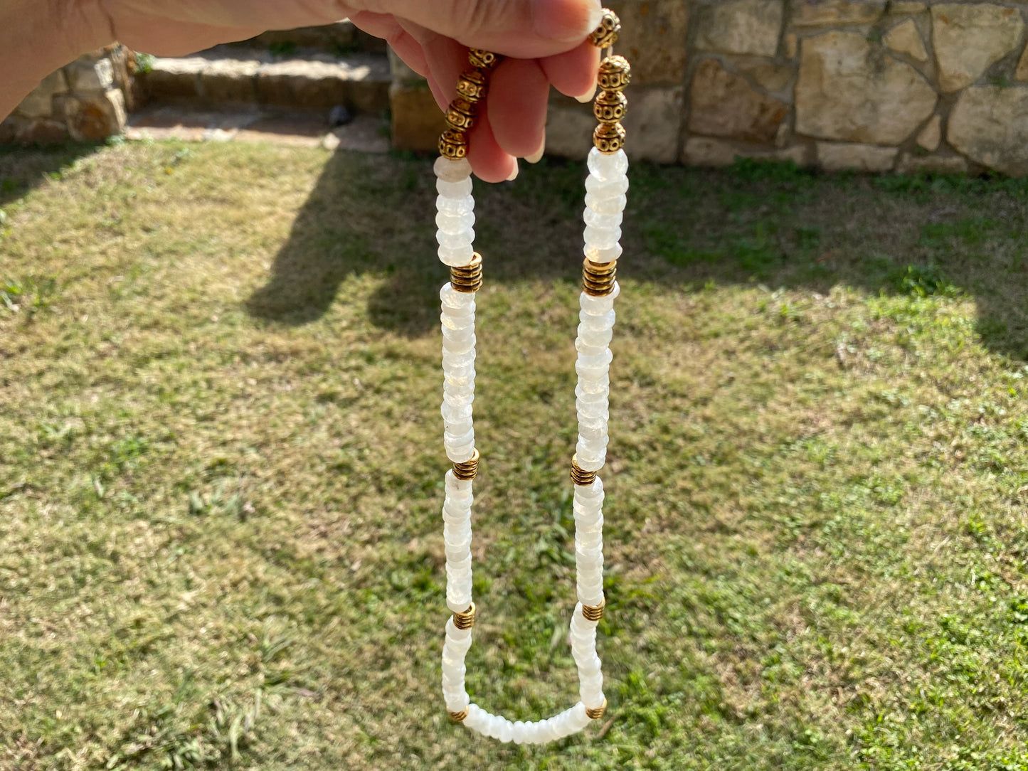 28" Long 10mm Faceted Rainbow Moonstone Beads Necklace, 18K Brushed Gold Overlay Focal Beads Necklace, Rondel White Gemstone Women necklace