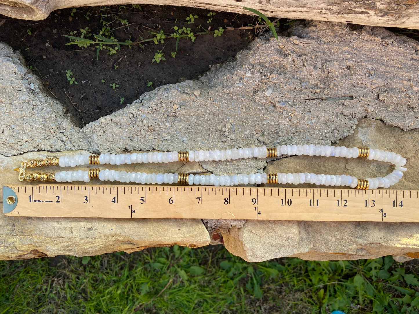 28" Long 10mm Faceted Rainbow Moonstone Beads Necklace, 18K Brushed Gold Overlay Focal Beads Necklace, Rondel White Gemstone Women necklace