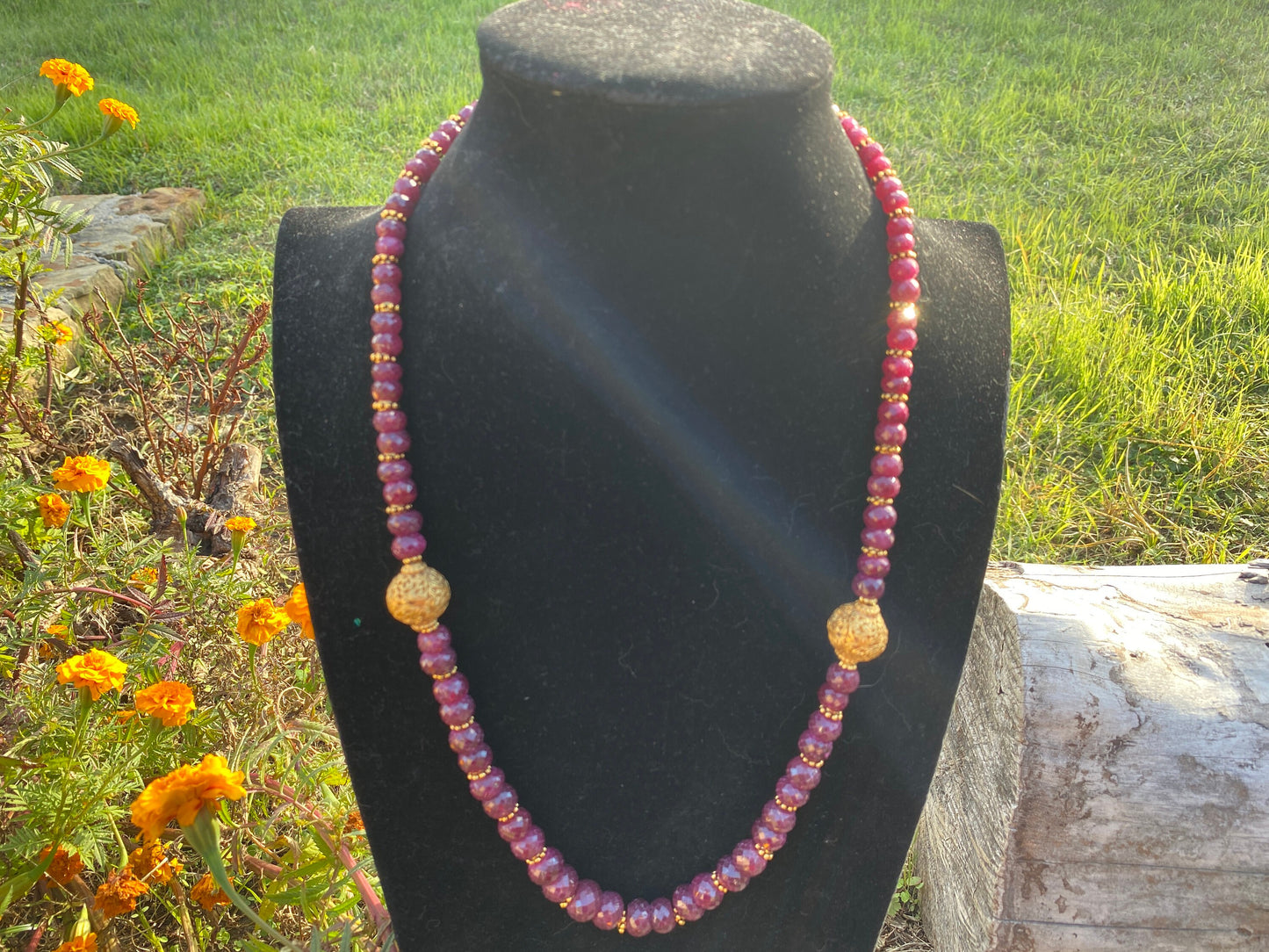 28" Premium Graduated Ruby Precious Gemstone Necklace with 18K Brushed Gold Overlay Carved Focal Bead, Faceted Rondell Ruby Beaded Necklace