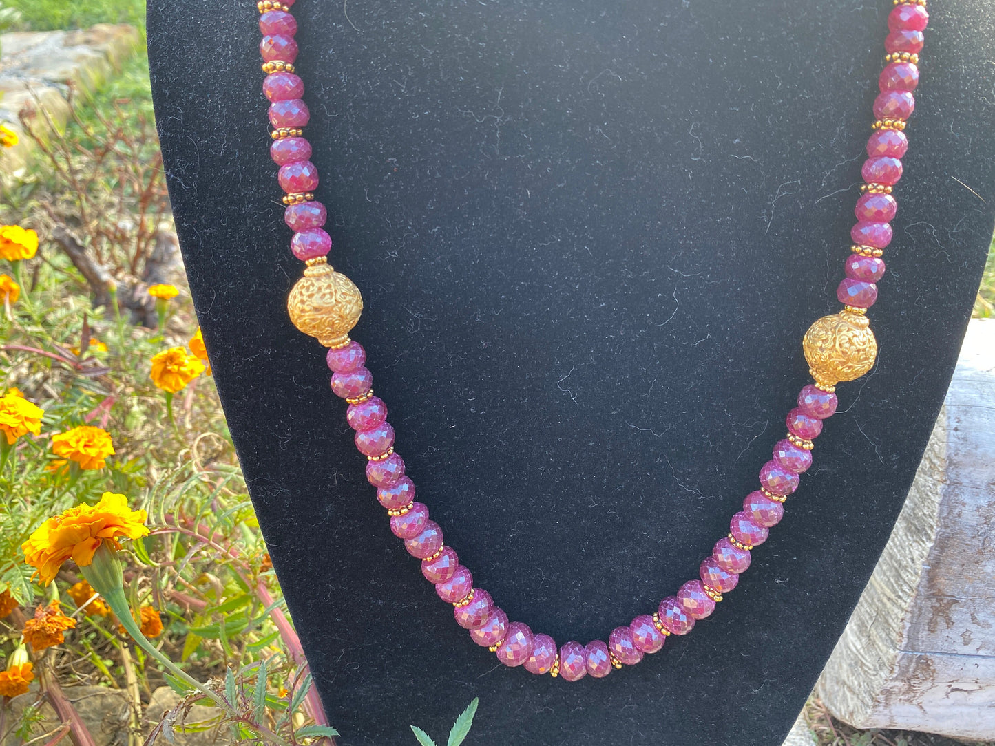 28" Premium Graduated Ruby Precious Gemstone Necklace with 18K Brushed Gold Overlay Carved Focal Bead, Faceted Rondell Ruby Beaded Necklace