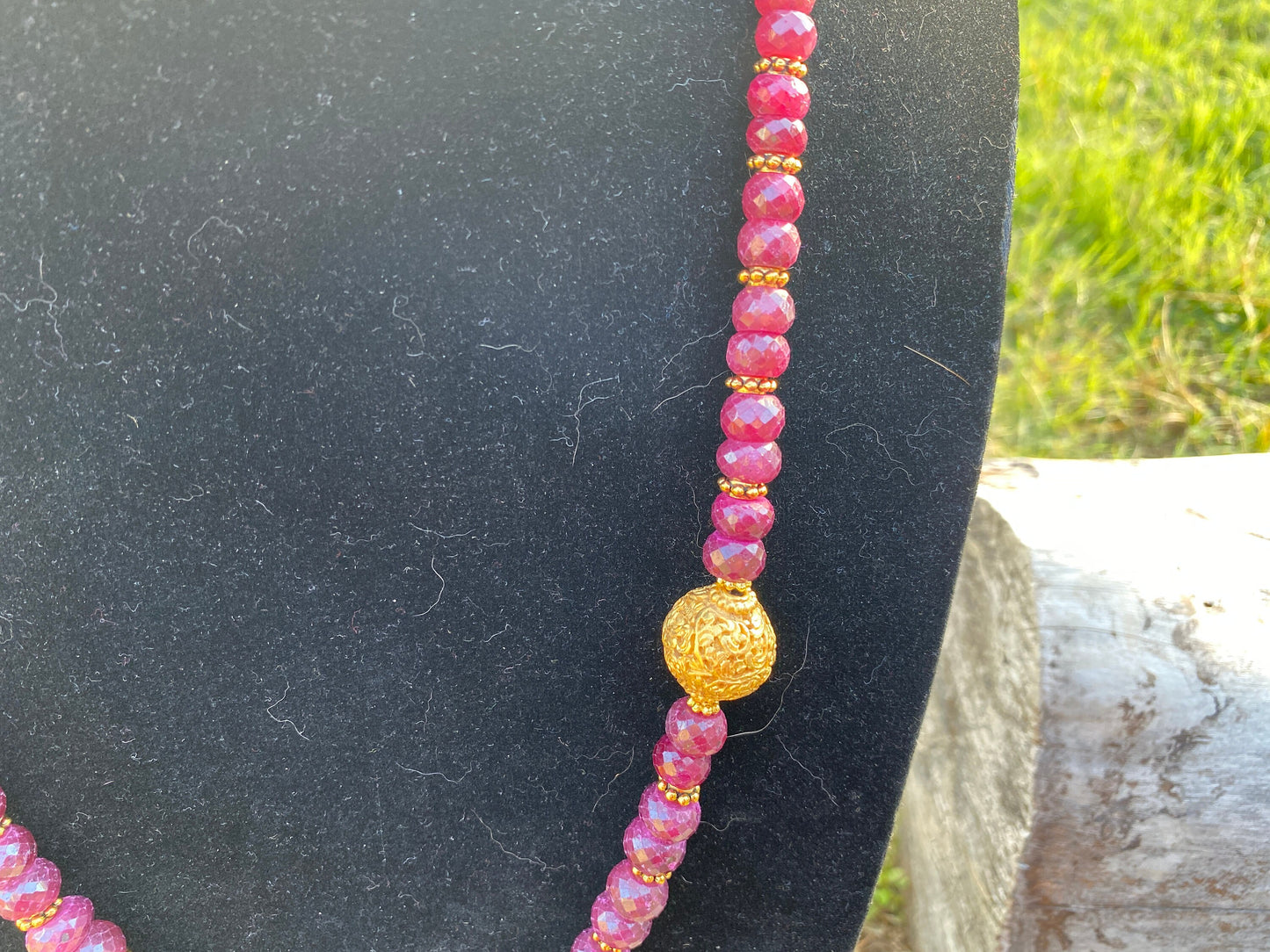 28" Premium Graduated Ruby Precious Gemstone Necklace with 18K Brushed Gold Overlay Carved Focal Bead, Faceted Rondell Ruby Beaded Necklace