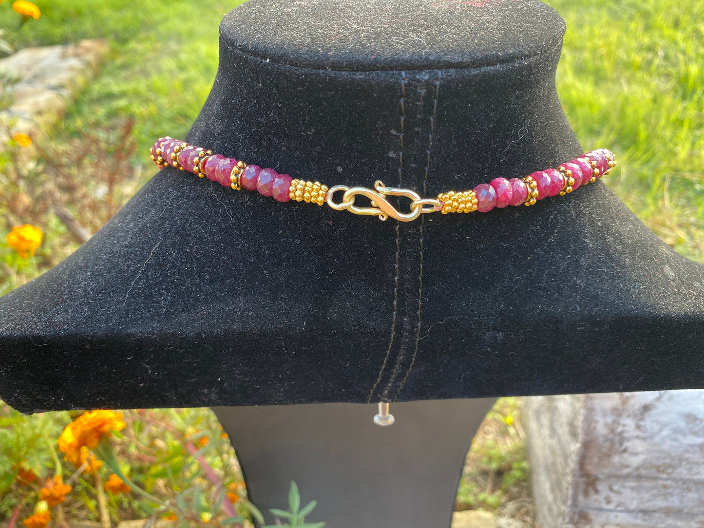 28" Premium Graduated Ruby Precious Gemstone Necklace with 18K Brushed Gold Overlay Carved Focal Bead, Faceted Rondell Ruby Beaded Necklace