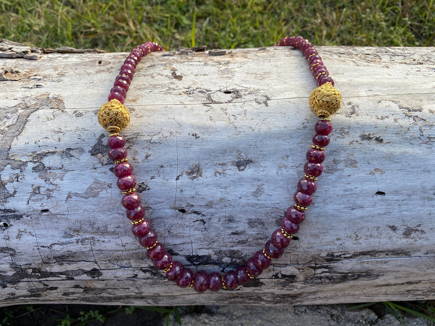 28" Premium Graduated Ruby Precious Gemstone Necklace with 18K Brushed Gold Overlay Carved Focal Bead, Faceted Rondell Ruby Beaded Necklace