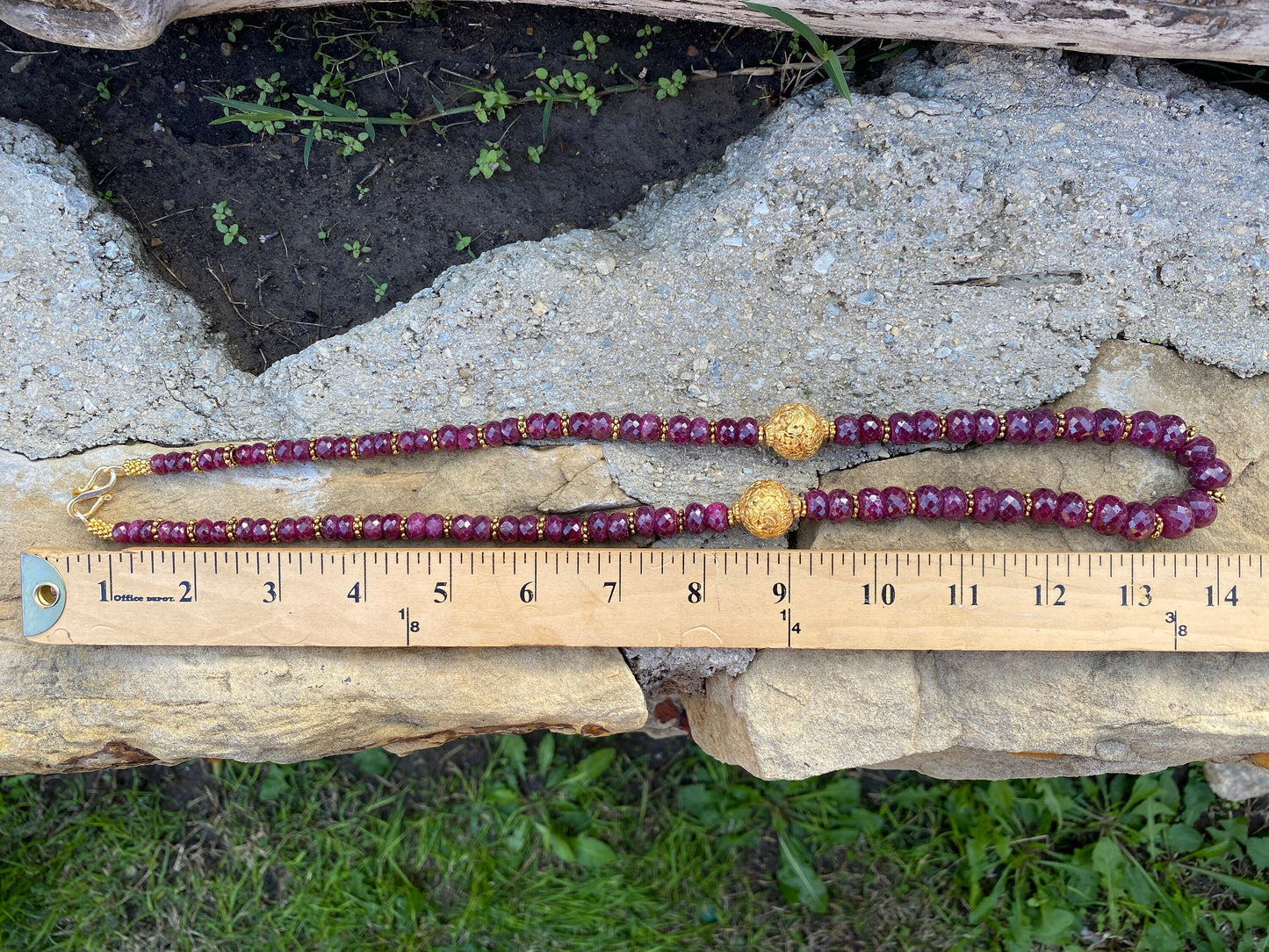 28" Premium Graduated Ruby Precious Gemstone Necklace with 18K Brushed Gold Overlay Carved Focal Bead, Faceted Rondell Ruby Beaded Necklace