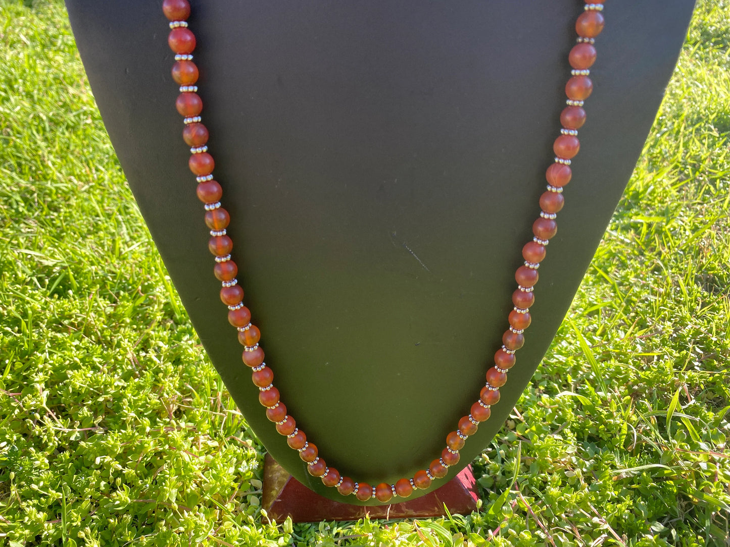 30" Long 8 mm Carnelian Bead Necklace with Silver Overlay S- Hook Closure, It's a statement piece that exudes confidence and sophistication