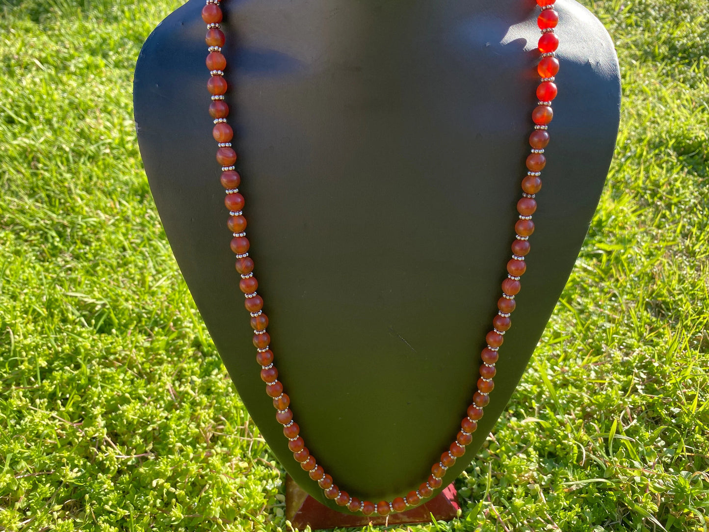 30" Long 8 mm Carnelian Bead Necklace with Silver Overlay S- Hook Closure, It's a statement piece that exudes confidence and sophistication