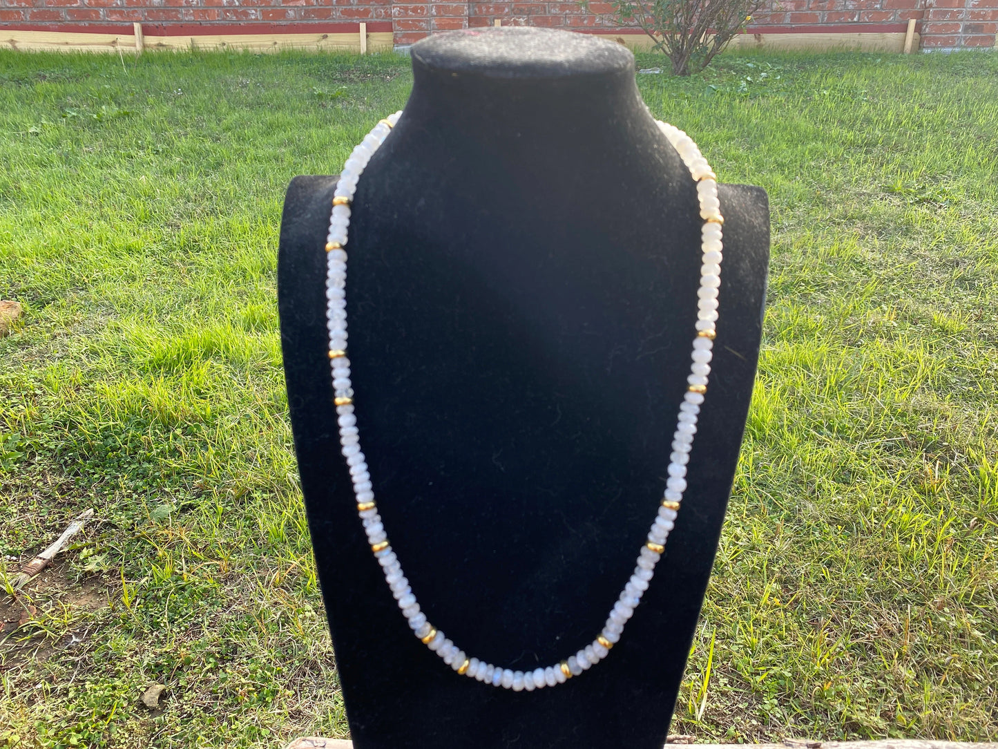 30" Long 8mm Faceted Rainbow Moonstone Beads Necklace, 18K Brushed Gold Overlay Focal Beads Necklace, Rondel White Gemstone Women Necklace