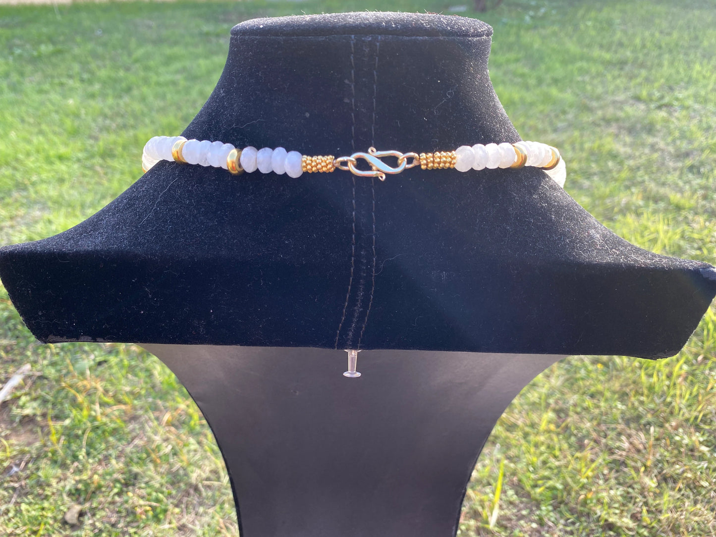 30" Long 8mm Faceted Rainbow Moonstone Beads Necklace, 18K Brushed Gold Overlay Focal Beads Necklace, Rondel White Gemstone Women Necklace